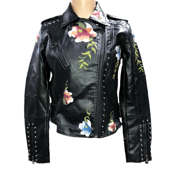 🎉Chic Boho Gorgeous Floral Print Embroidery Faux Leather Moto Bomber Jacket S - Picture 13 of 16
